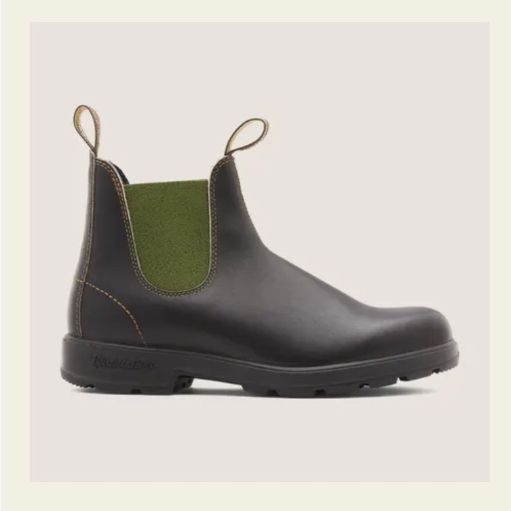 Brown and green Blundstone boots, US 11/AU 10